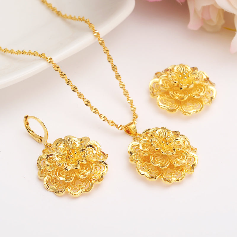 New dubai india gold color Luxurious Fashion african big flower jewelry Set women girls charms pendant necklace earrings gift