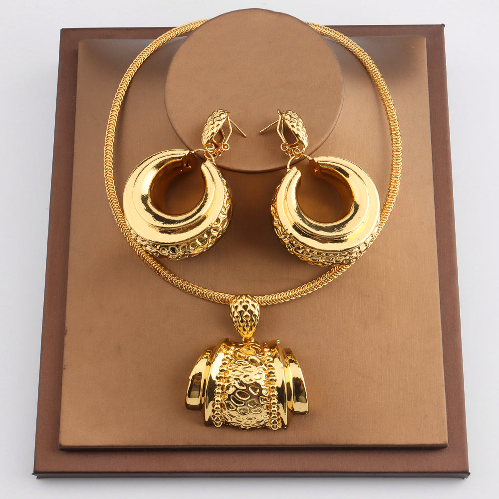 African Jewelry Set For Women Fashion Dubai Wedding Earrings Pendant Necklace For Bridal Design Gold Plated Nigerian Accessory